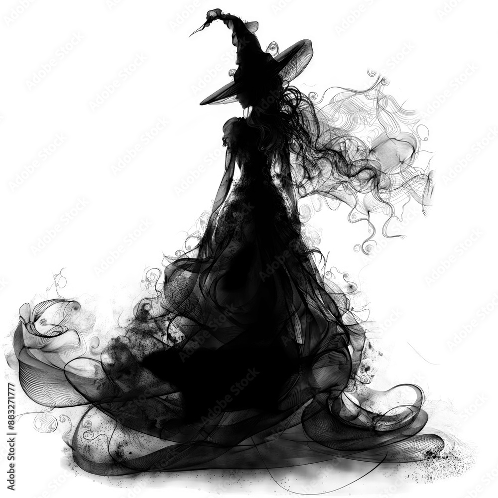Fototapeta premium full body silhouette shadow of elegance pretty witch standing with cloud smoke, PNG clipart isolated transparent background illustration