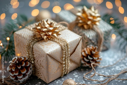 Festive Christmas scene featuring elegantly wrapped presents with gold bows accompanied by natural pine cones and sprigs illuminated by twinkling holiday lights