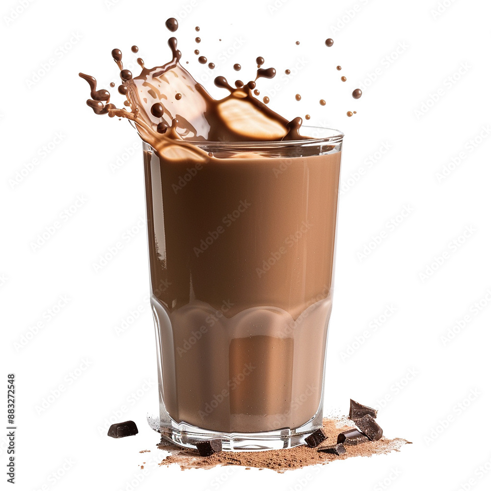 Chocolate milk in a glass with chocolate splashes Chocolate milk in a glass with chocolate splashes