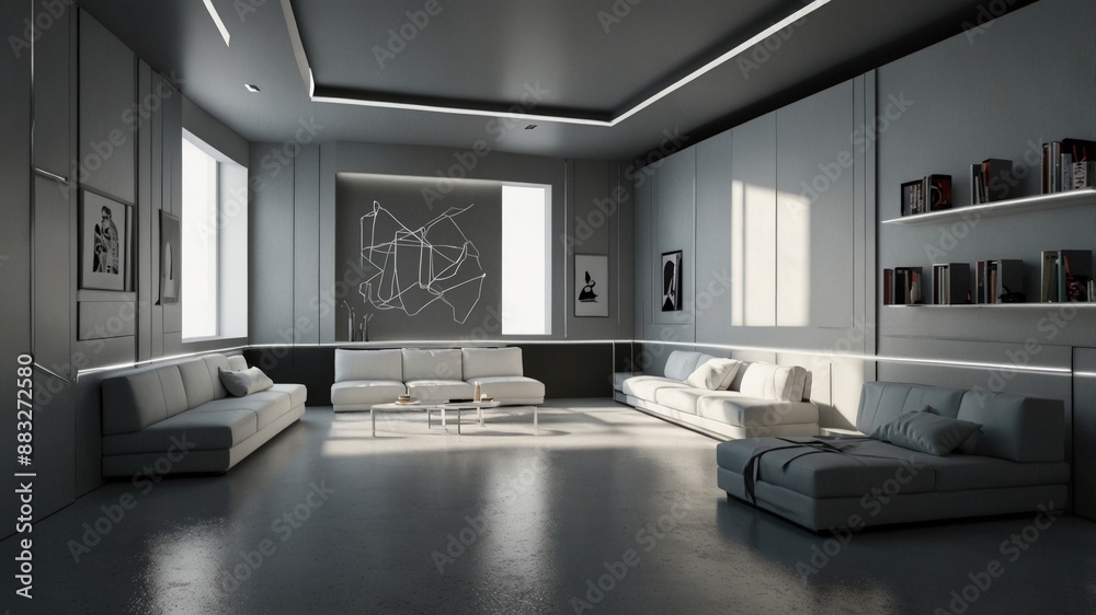 Spacious modern living room featuring minimalist design, grey tones, large windows, and contemporary furniture with geometric wall art.
Spacious modern living room featuring minimalist design, grey tones, large windows, and contemporary furniture with geometric wall art.