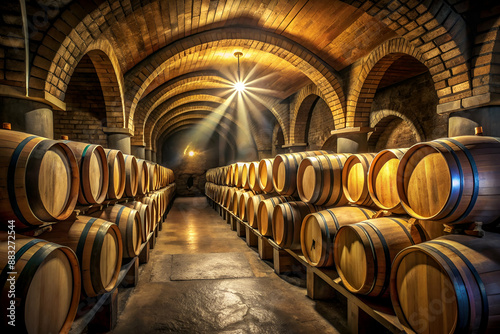 A long row of wooden barrels with a light shining on them. The light is coming from the ceiling