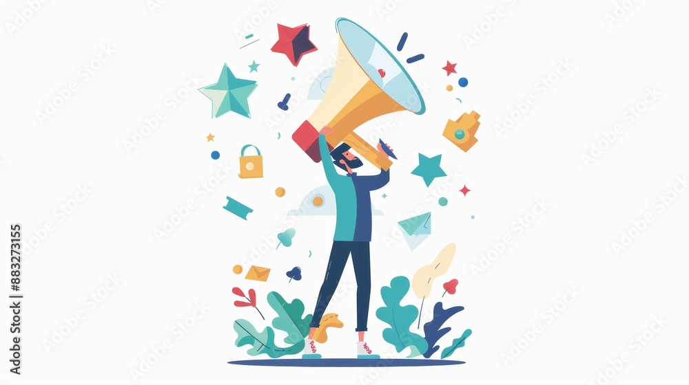 Man Launching Advertisement Campaign, Ideal for Business and Marketing Graphics, Emphasizing Man Launching Advertisement Campaign, Ideal for Business and Marketing Graphics, Emphasizing