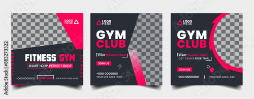 Gym fitness social media post banner template set, Sports social media square banner, gym Workout, fitness exercise social media  promotional design.