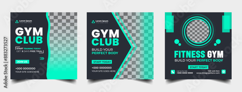 Gym fitness social media post banner template set, Sports social media square banner, gym Workout, fitness exercise social media  promotional design.