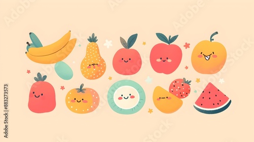 Vibrant Assortment of Cheerful and Cute Illustrated Fruit Characters in Minimalist Composition