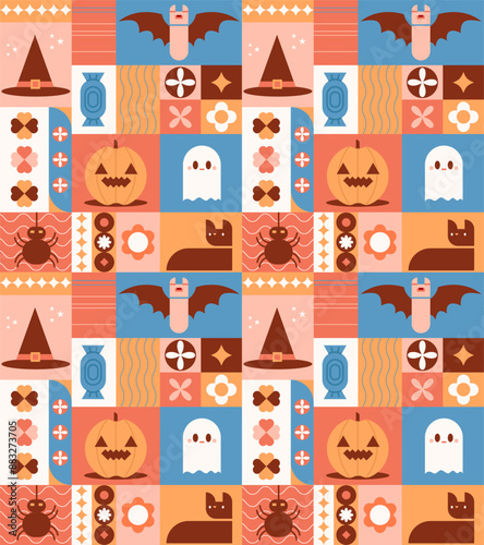 Halloween geometric pattern of abstract modern shapes with horror holiday elements. Geometric art with spooky icons. Print for Halloween party,Halloween sales. Vector illustration EPS 10.