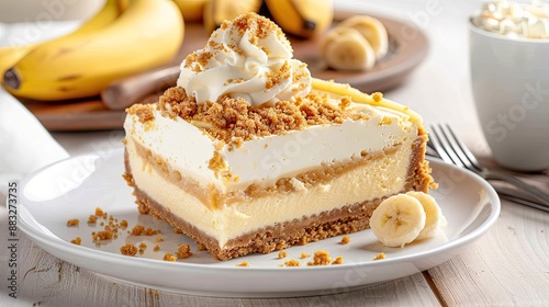 A delicious slice of banana pudding cheesecake delight, perfectly plated on a white dish - AI Generated Digital Art