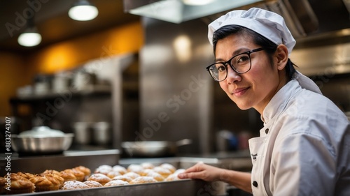  Portrait of a baker in a professional kitchen, wearing a white uniform and glasses, preparing fresh pastries with a smile.