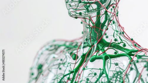 Comprehensive 3D illustration of human lymphatic system, isolated on white background