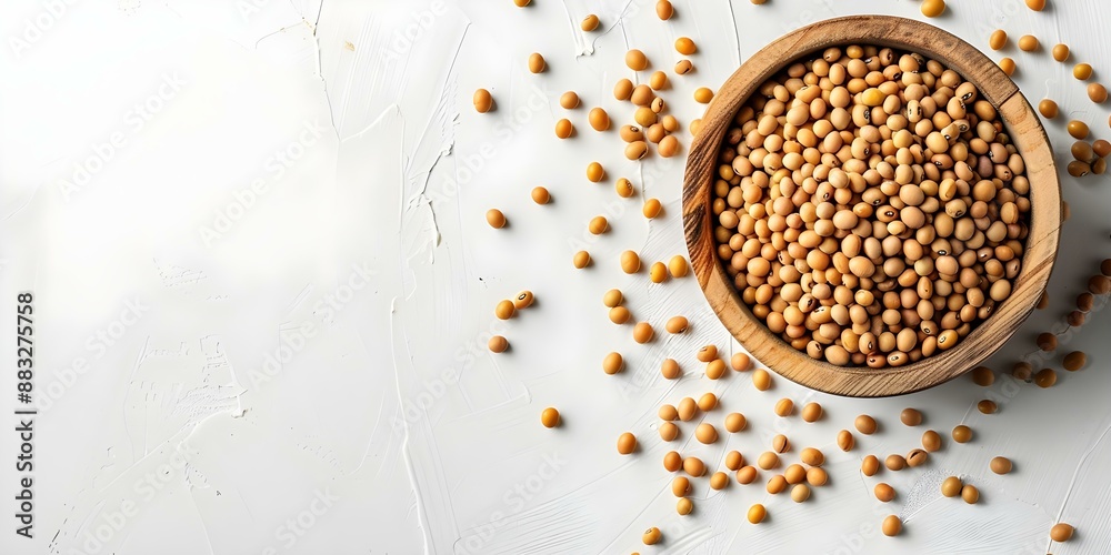Overhead view of soybeans in wooden bowl on white background. Concept Soybeans, Healthy Eating, Plant-based Diet, Ingredient Spotlight Overhead view of soybeans in wooden bowl on white background. Concept Soybeans, Healthy Eating, Plant-based Diet, Ingredient Spotlight