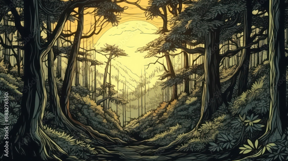 Obraz premium Mystical moonlit forest path with overgrown vegetation and vibrant colors