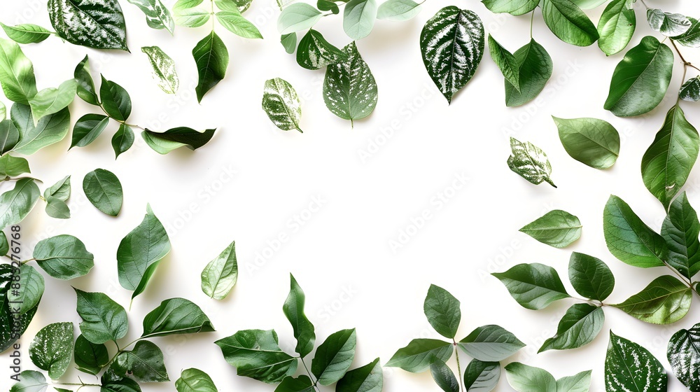 Beautiful composition layout, frame of fresh juicy textured green leaves with copy space, isolated on white background, flat lay, nature concept, close-up macro. Beautiful composition layout, frame of fresh juicy textured green leaves with copy space, isolated on white background, flat lay, nature concept, close-up macro.