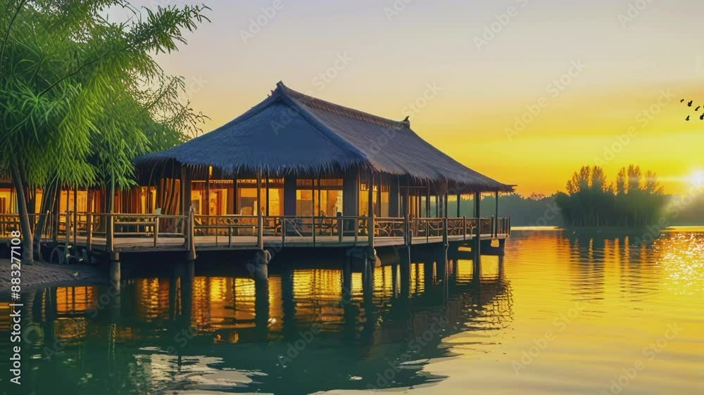 lakeside restaurant at sunset, 4K seamless looping virtual video animation background lakeside restaurant at sunset, 4K seamless looping virtual video animation background