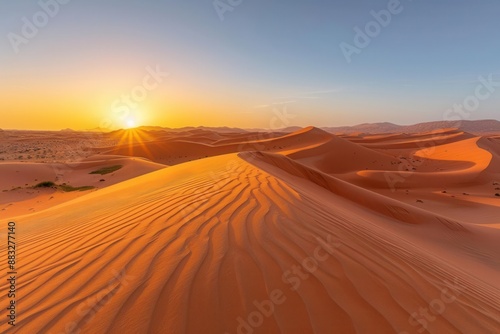 Desert sunrise, long shadows, wideangle shot, golden light, pristine dunes, fresh morning