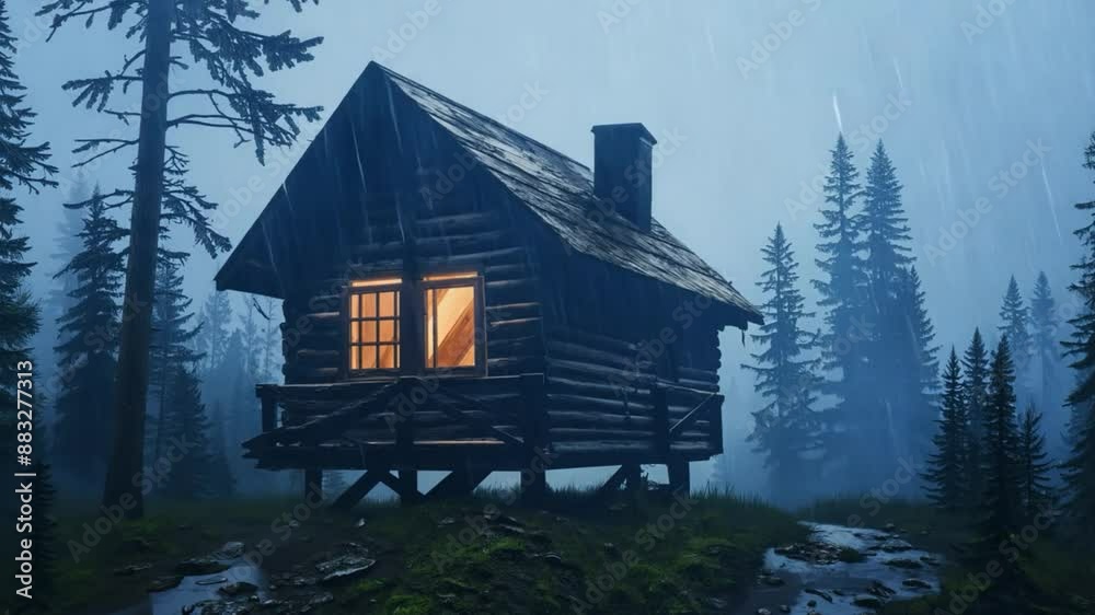 Log cabin in a forest during a stormy night with lightning and rain. Log cabin in a forest during a stormy night with lightning and rain.