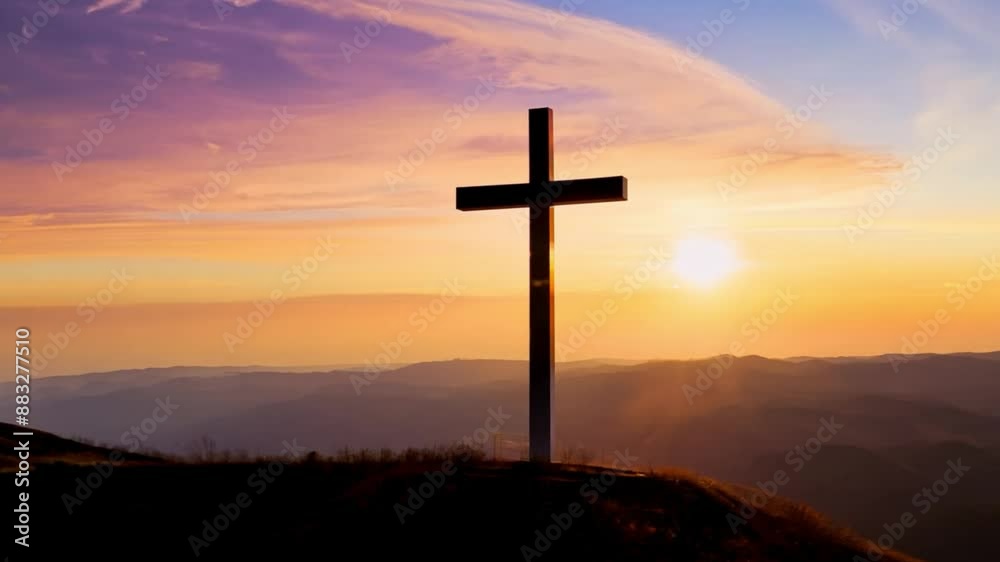 Silhouette of a cross on a hill during sunset with colorful sky. Silhouette of a cross on a hill during sunset with colorful sky.