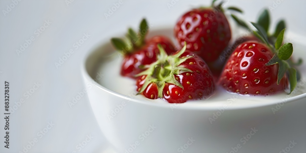 Strawberries on a bowl of milk or yogurt against a white background. Concept Food Photography, Fruit Styling, Dairy Product, Fresh and Healthy Eating, Kitchen Inspiration Strawberries on a bowl of milk or yogurt against a white background. Concept Food Photography, Fruit Styling, Dairy Product, Fresh and Healthy Eating, Kitchen Inspiration
