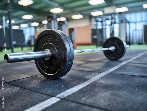 Close-up of a weight plate on a barbell in a gym.