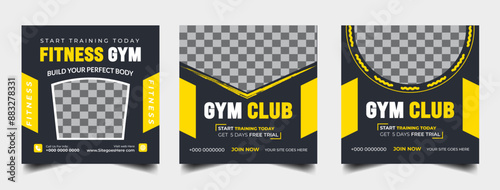 Gym fitness social media post banner template set, Sports social media square banner, gym Workout, fitness exercise social media  promotional design.