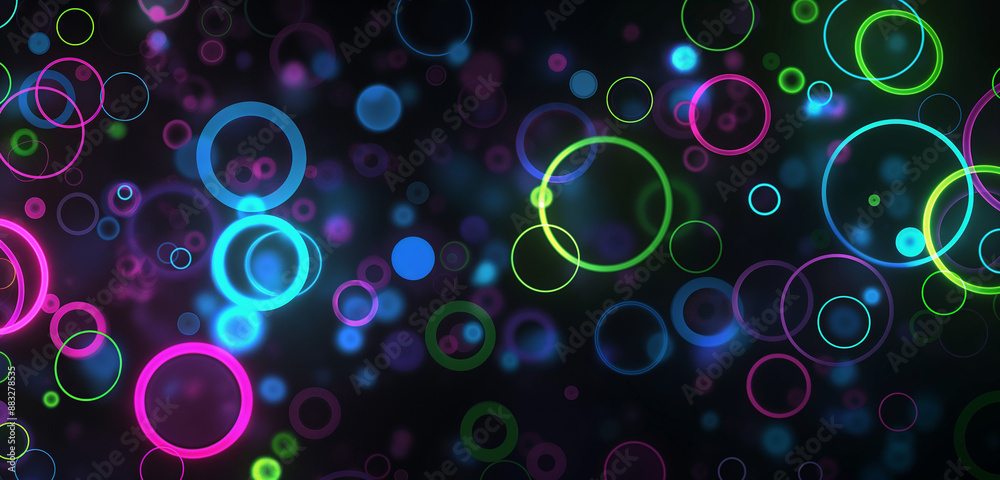 A dark, mysterious background illuminated by vibrant neon circles in various colors--electric blue, neon green, vivid pink, and glowing purple A dark, mysterious background illuminated by vibrant neon circles in various colors--electric blue, neon green, vivid pink, and glowing purple