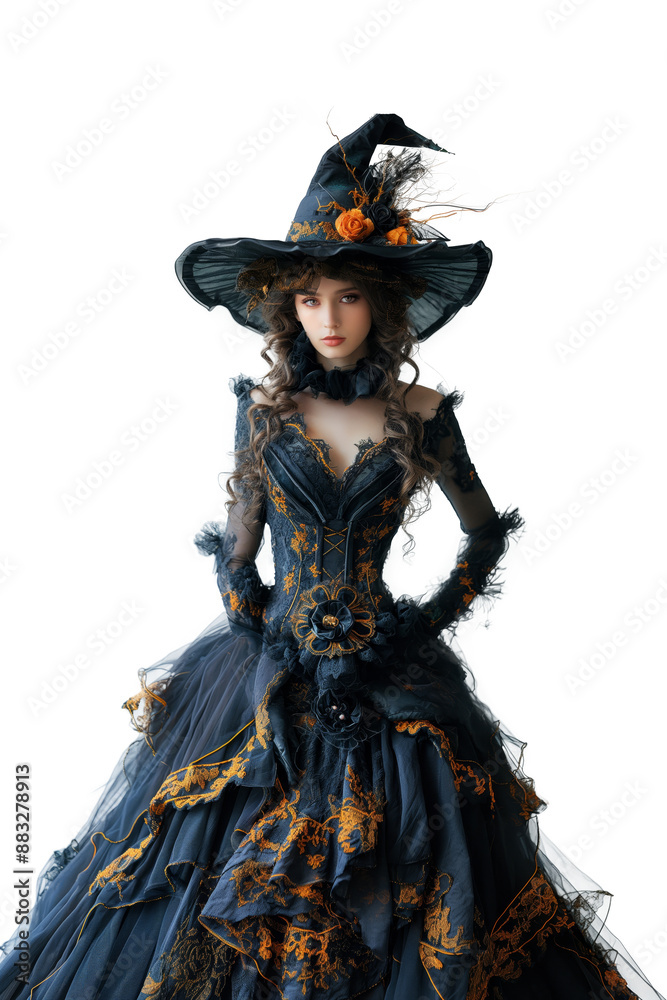 pretty woman wearing gothic black Halloween witch costume with hat decorated with lace fabric, feather, and dry flowers, PNG cut out isolated transparent background illustration