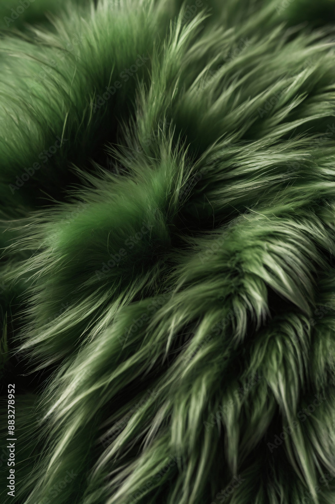 A close-up of an green fake fur, deep green furry fur texture portrait background. A close-up of an green fake fur, deep green furry fur texture portrait background.