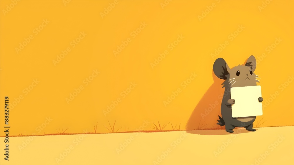 Fototapeta premium Cute Cartoon Animal Figure Holding Placeholder Poster in Minimal Yellow Backdrop