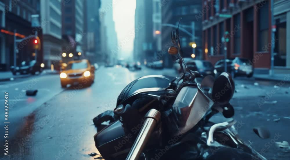 A dramatic scene of a crashed motorcycle lying on a wet city street, surrounded by debris. A dramatic scene of a crashed motorcycle lying on a wet city street, surrounded by debris.