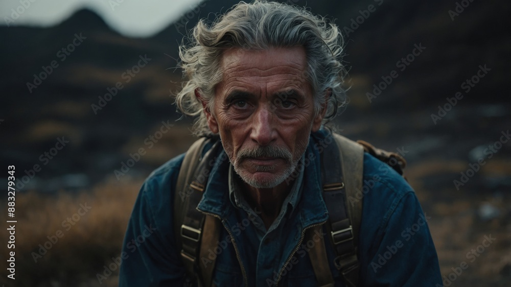 An elderly man with a serious expression hiking in a rugged mountain landscape, wearing a backpack and denim jacket.
