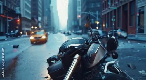 A dramatic scene of a crashed motorcycle lying on a wet city street, surrounded by debris.