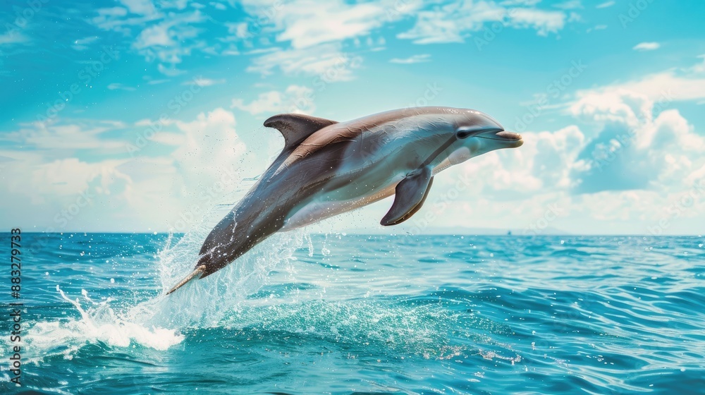 Dolphins jumping out of the water with blue sky. Cute animal. Mammal Dolphins jumping out of the water with blue sky. Cute animal. Mammal