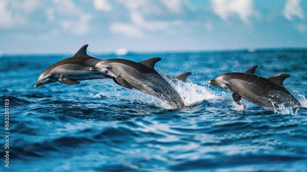 Fototapeta premium Dolphins jumping out of the water with blue sky. Cute animal. Mammal 