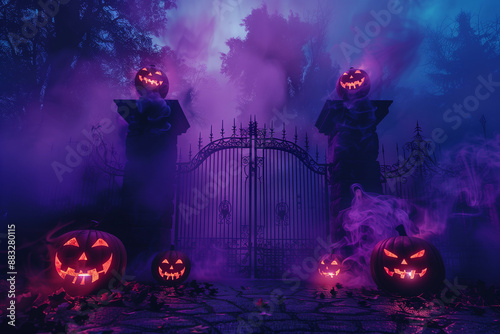 Halloween background with old gate and lantern pumpkins in purple tonation photo