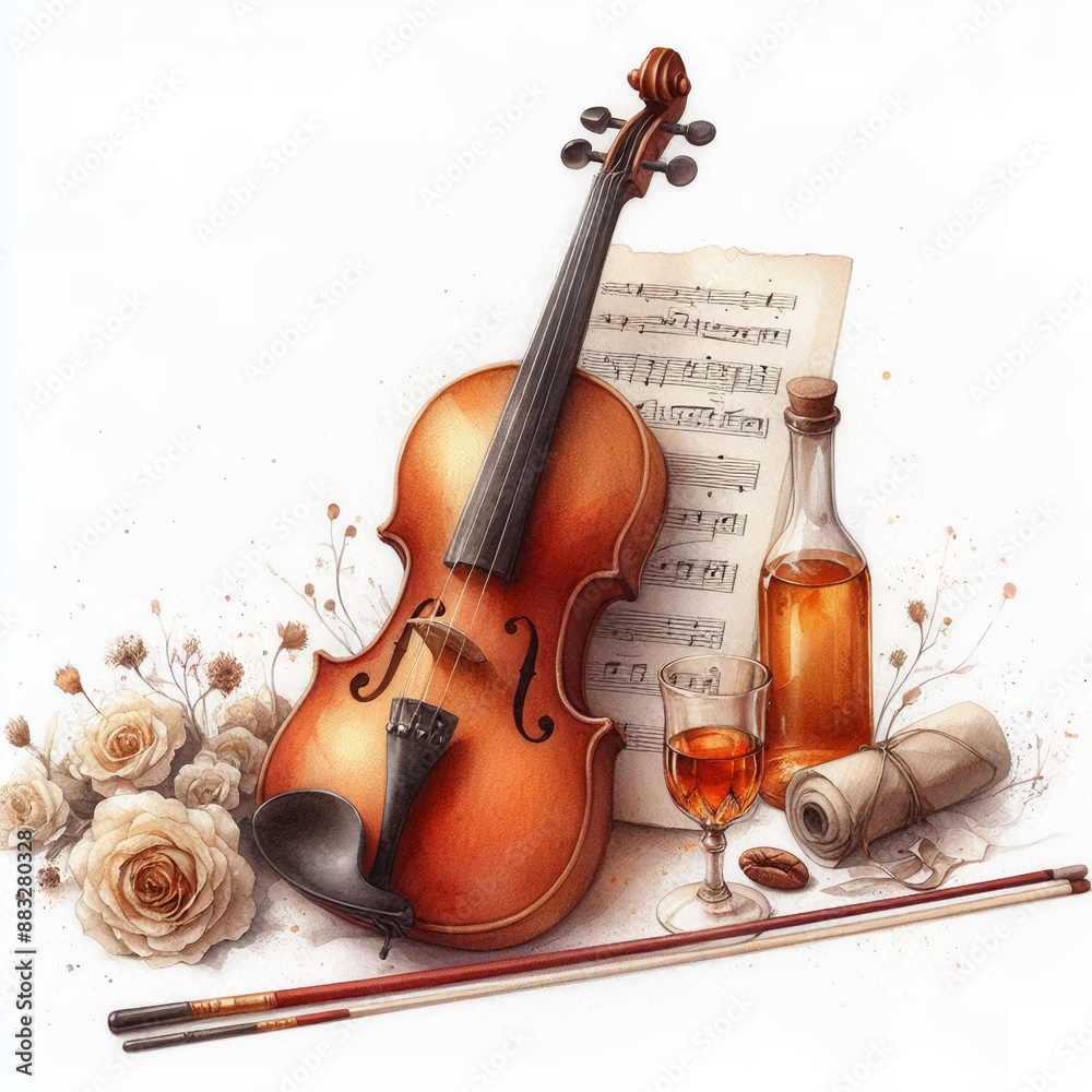 Fototapeta premium 흰 배경, 바이올린, 수채화 (white background, violin, water colour)