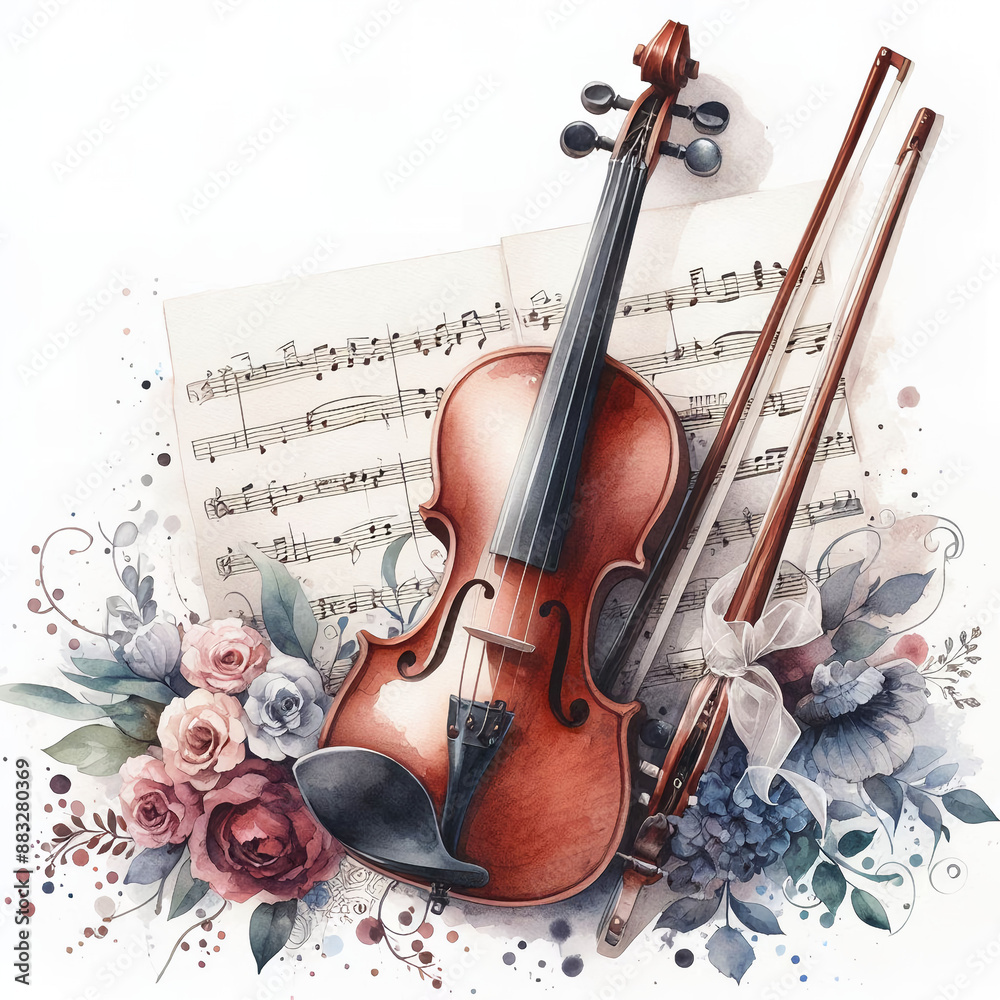 Fototapeta premium 흰 배경, 바이올린, 수채화 (white background, violin, water colour)