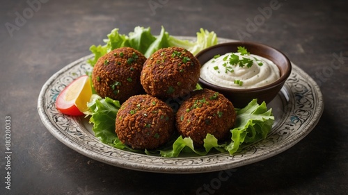 Plate of falafel balls served on a bed of lettuce with a side of tahini sauce and a lemon wedge, garnished with herbs. 