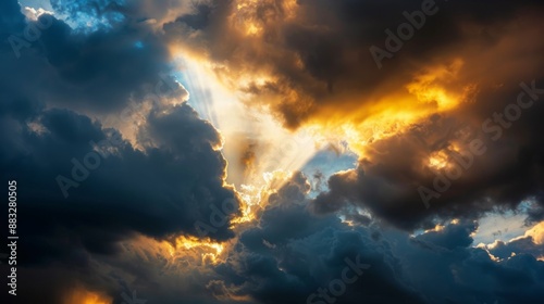 Silver Lining Emerges: Dramatic Sunrays Piercing Through Dark Storm Clouds in a Striking Contrast of Light and Shadow