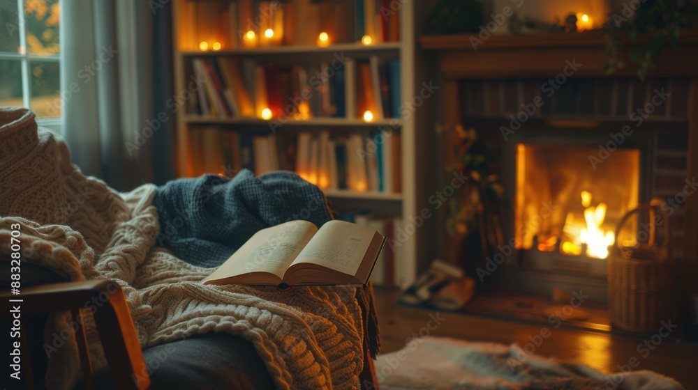 Obraz premium Cozy fireside reading nook with single sofa and a blanket, with copy space, 