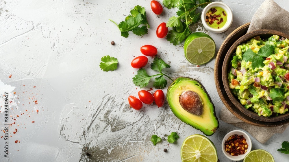 Tasty guacamole on white table with text area Tasty guacamole on white table with text area