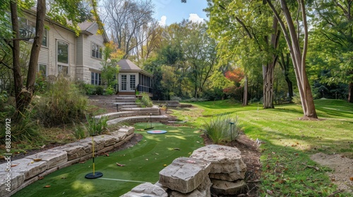 Suburban Colonial home with a professionally designed disc golf course in the backyard, integrating natural obstacles and providing family entertainment © Abdul