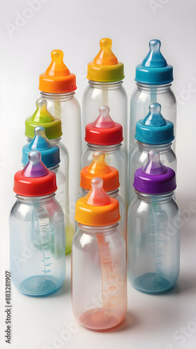 A set of baby bottles with colorful caps on a white background © LooPanda-Pictures