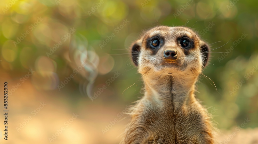 Fototapeta premium Curious meerkat standing on a field, soft natural light, with copy space