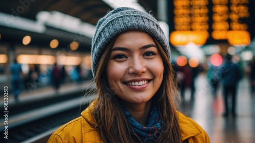 Smiling woman wearing a beanie and jacket, standing at a busy train station platform, exuding warmth and approachability. 