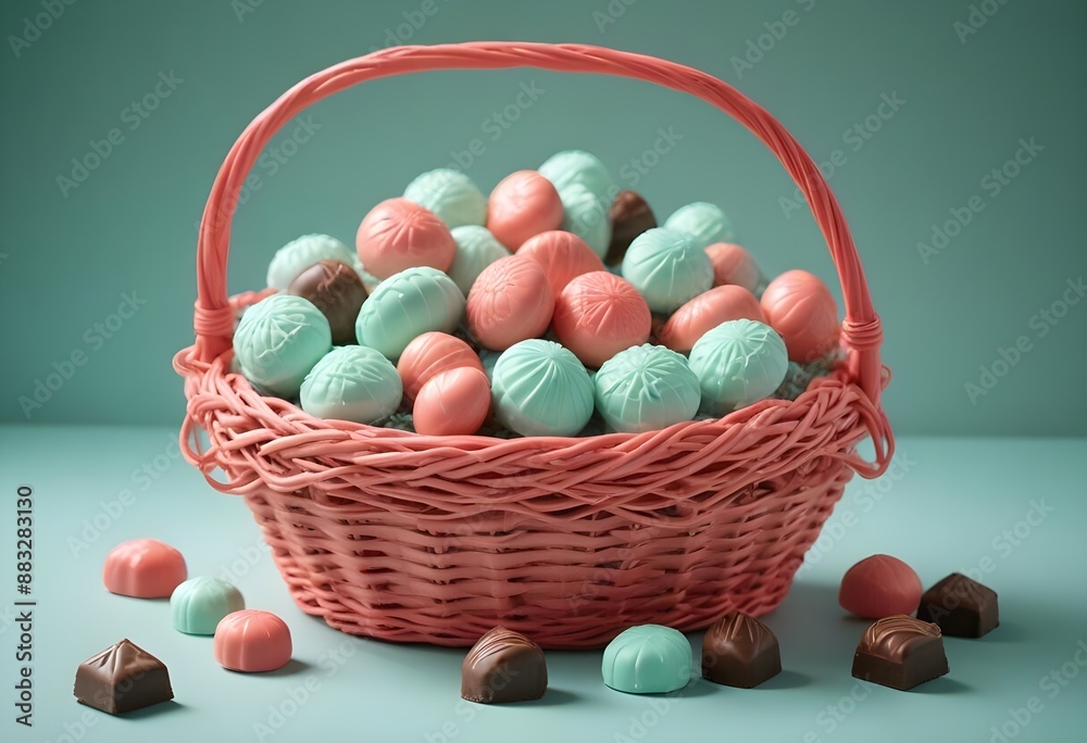 A wicker basket brimming with an assortment of Luxury Chocolates - high detail, Coral & mint green color,
A wicker basket brimming with an assortment of Luxury Chocolates - high detail, Coral & mint green color,