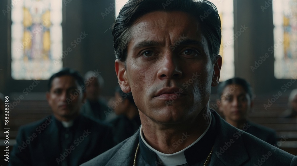 Portrait of a serious-looking priest inside a church, with stained glass windows and other priests in the background.
Portrait of a serious-looking priest inside a church, with stained glass windows and other priests in the background.