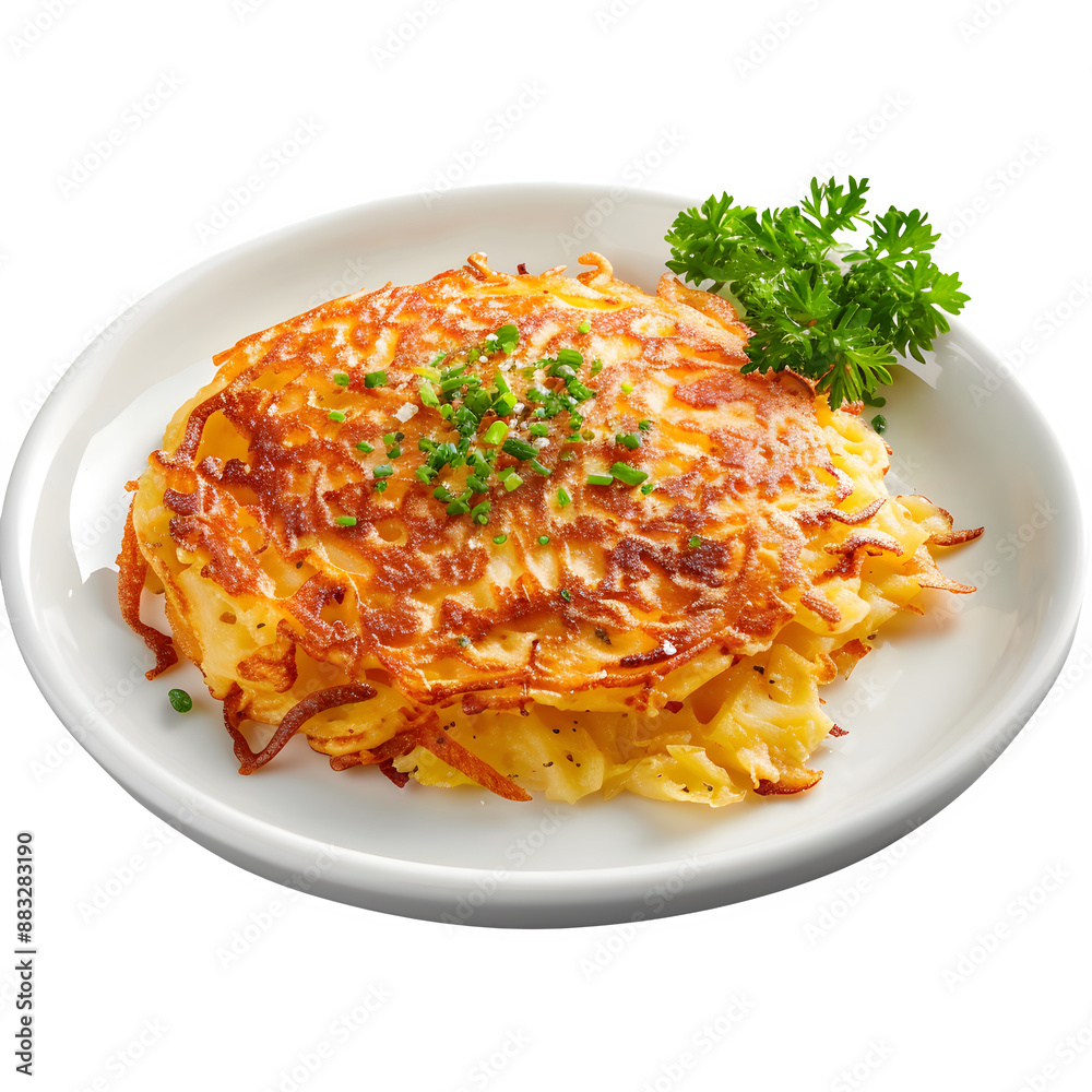 Crispy swiss rosti with herbs on transparent background - high-quality image Crispy swiss rosti with herbs on transparent background - high-quality image