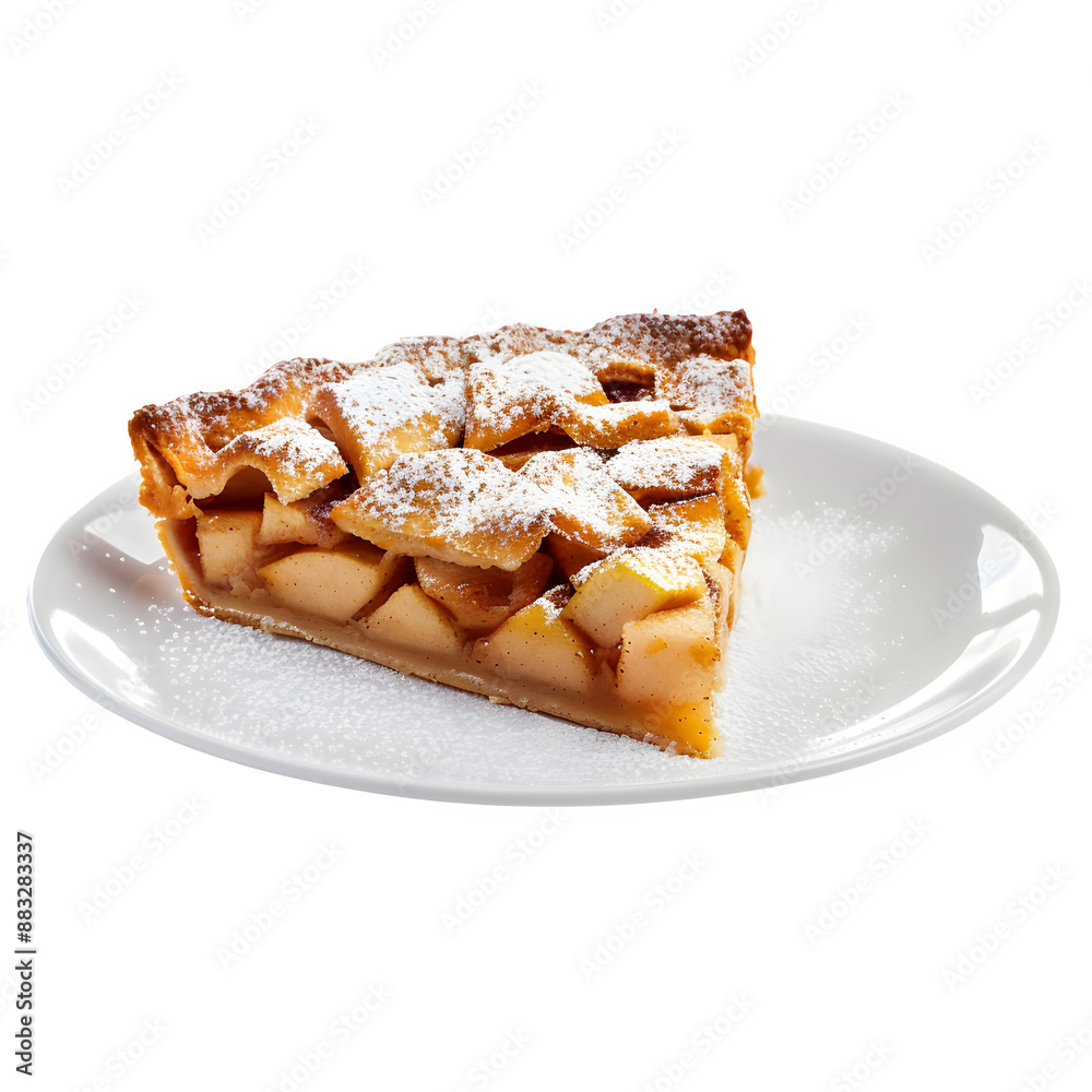 Delectable slice of swiss apple tart dusted with powdered sugar, presented on a white plate Delectable slice of swiss apple tart dusted with powdered sugar, presented on a white plate