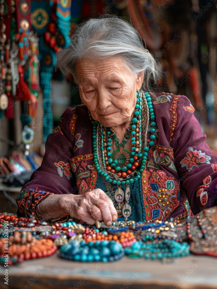 Elderly Woman Crafting Traditional Beaded Jewelry in a Vibrant Market Setting Elderly Woman Crafting Traditional Beaded Jewelry in a Vibrant Market Setting