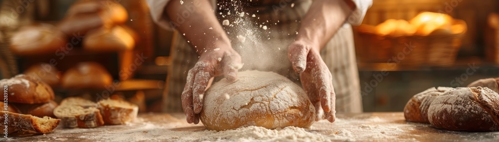Fototapeta premium Baker kneading dough in a rustic kitchen. Freshly baked bread and flour on the table, showcasing the art of traditional bread making.