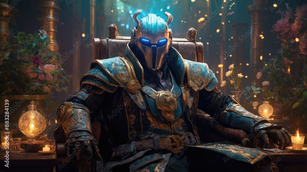 A futuristic armored warrior with glowing blue eyes sits on an ornate throne in a dimly lit, atmospheric setting.
A futuristic armored warrior with glowing blue eyes sits on an ornate throne in a dimly lit, atmospheric setting.